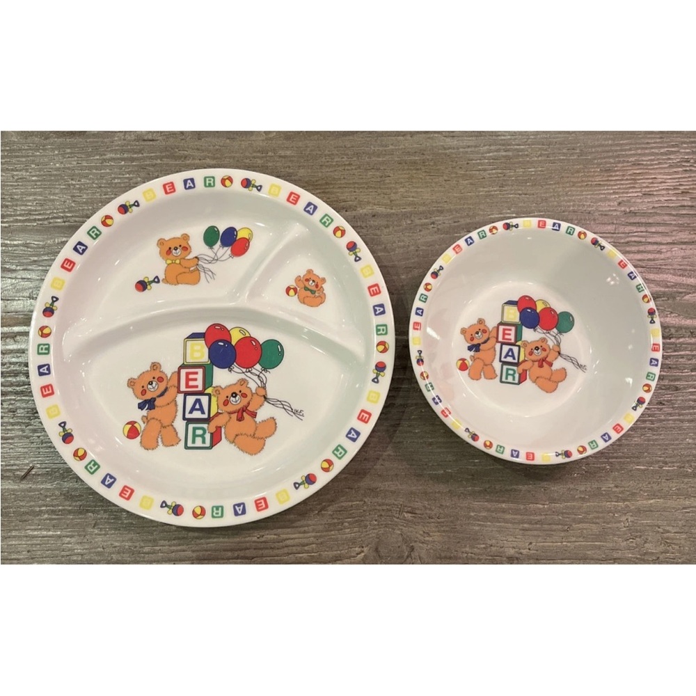Vintage Melamine Ware Childs Divided Plate & Bowl Bears Balloons Primary Colors